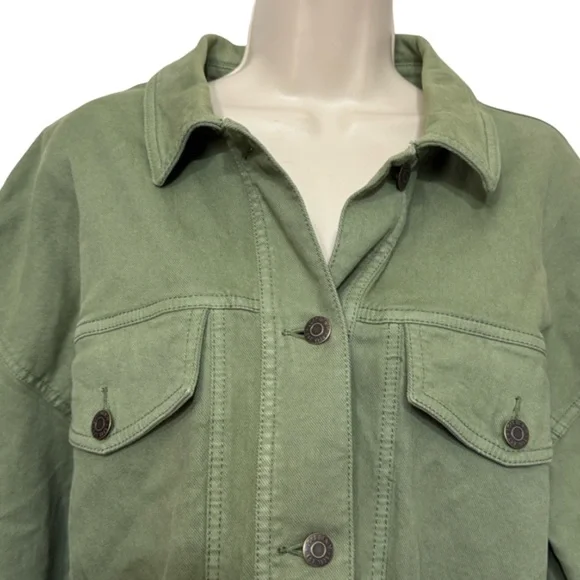 LOFT Puff Sleeve Drawstring Denim Jacket in Olive Green - Picture 5 of 8